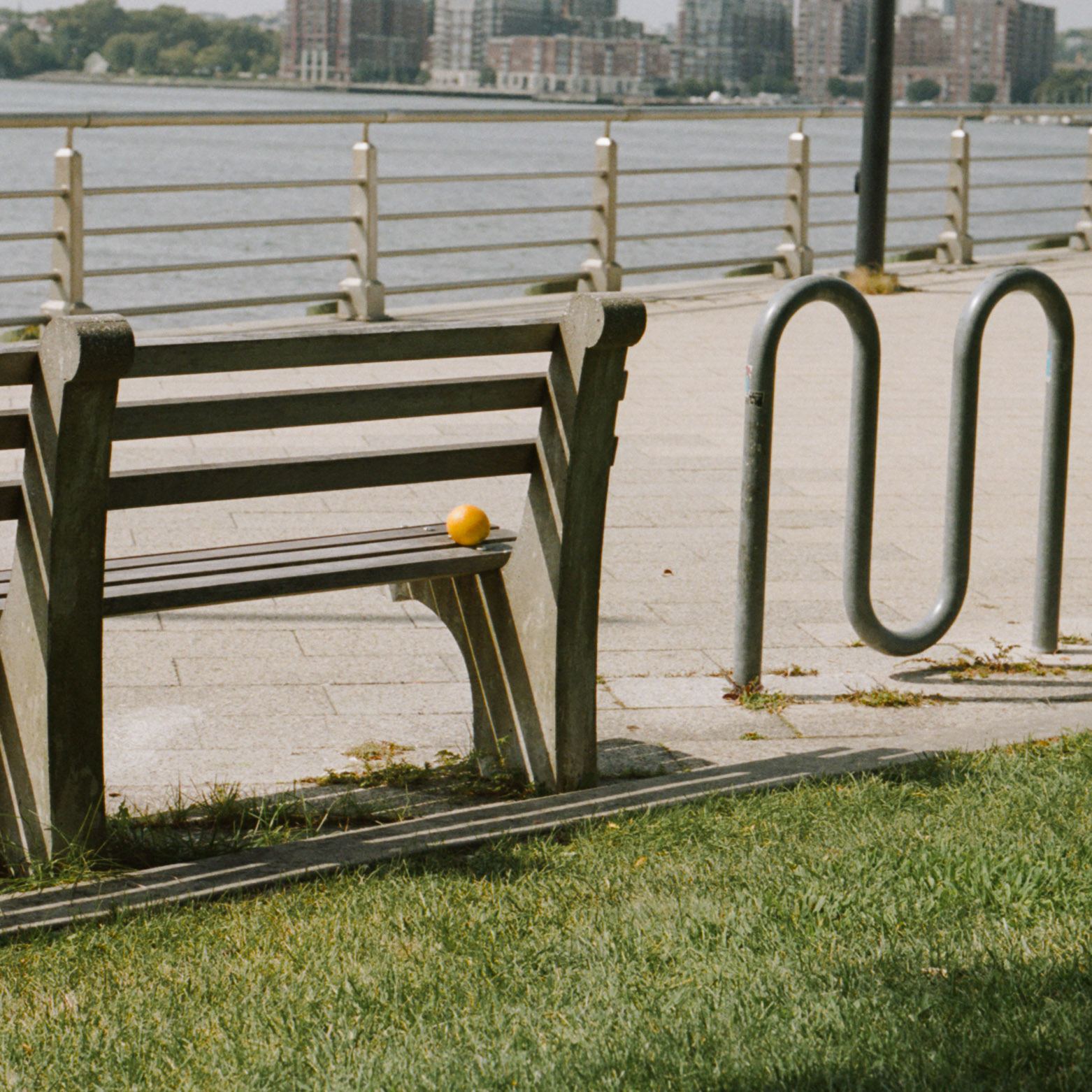 Empty benches and railings along a waterfront promenade.